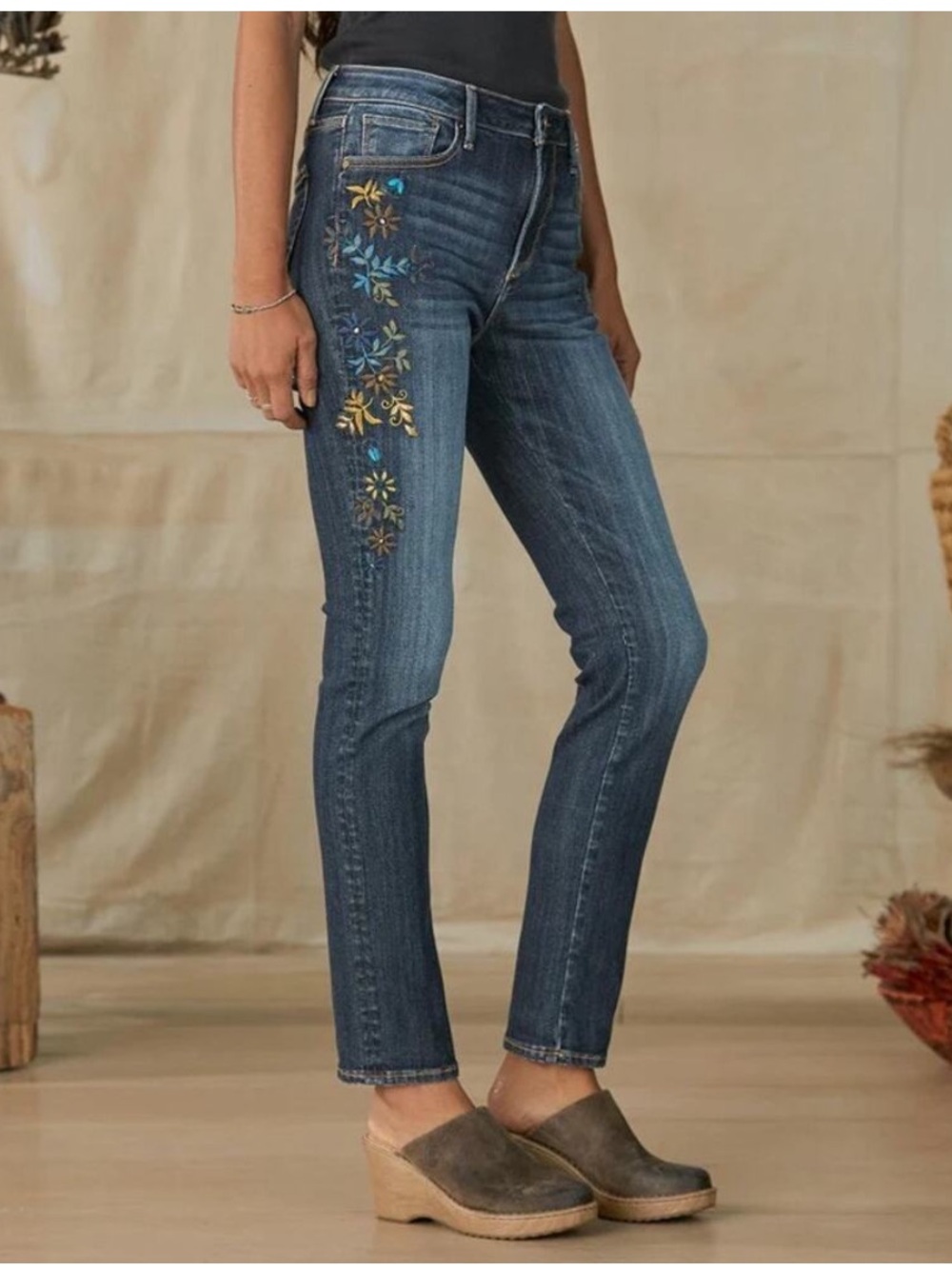 DRIFTWOOD Indigo Skinny Jeans with Teal & Gold Floral Embroidery